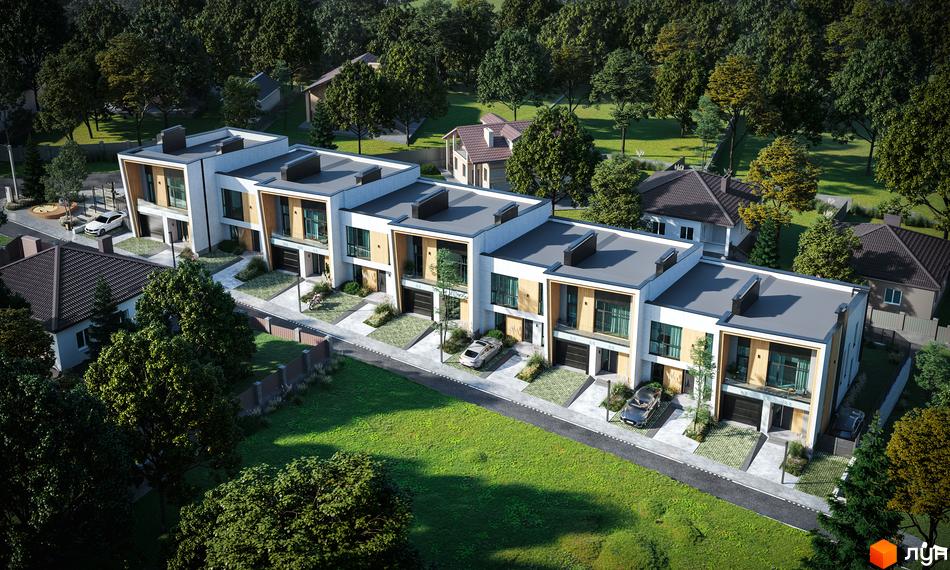 Таунхауси FIRST: ряд двоповерхових будинків з білими фасадами, дерев'яними вставками та великими вікнами. Прибудинкова територія має зелені газони та вимощені доріжки.