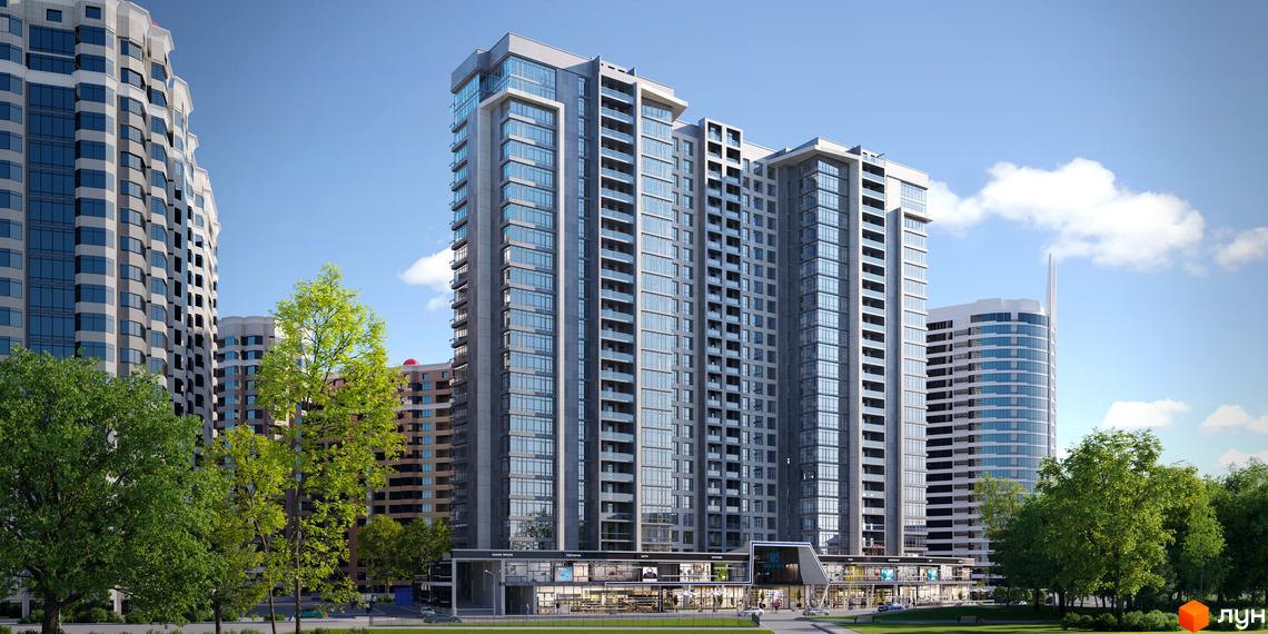 Житловий комплекс Maxima Residence - це висотні будівлі з панорамним склінням та балконами, розташовані на фоні блакитного неба з хмарами. На передньому плані - зелений парк з деревами та газоном.