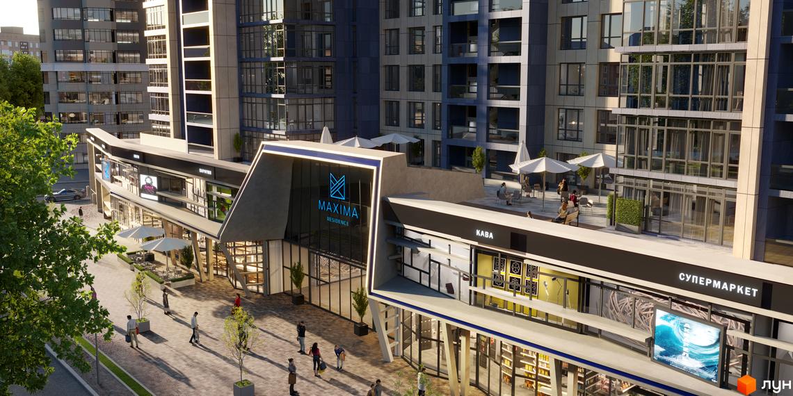 Новобудова Maxima Residence з фасадами з панорамними вікнами та комерційними приміщеннями на першому поверсі. На прибудинковій території розташовані зони відпочинку з парасольками та пішохідні алеї.