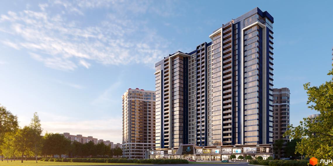 Житловий комплекс Maxima Residence – це сучасна новобудова з панорамними вікнами та просторими балконами, розташована на фоні блакитного неба та зелених дерев.