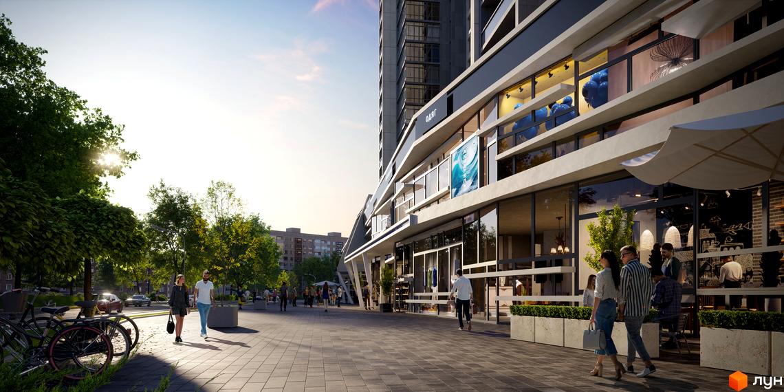 Житловий комплекс Maxima Residence з просторою прибудинковою територією та зонами відпочинку. Зовнішній вигляд комплексу вражає сучасною архітектурою та великими вікнами.