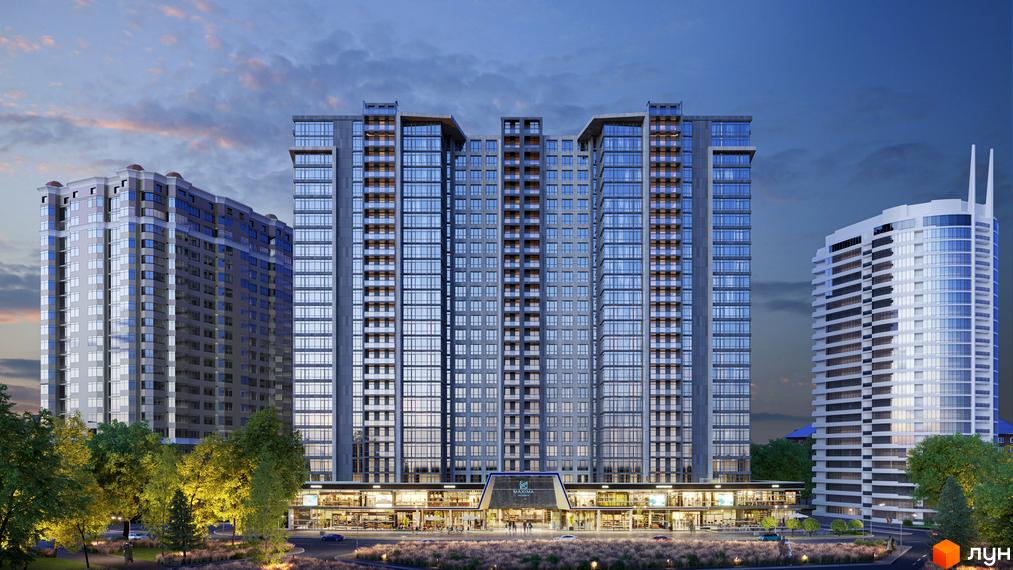Новобудова ЖК Maxima Residence з високими вежами та скляними фасадами, оточена зеленим парком з деревами та освітленням.