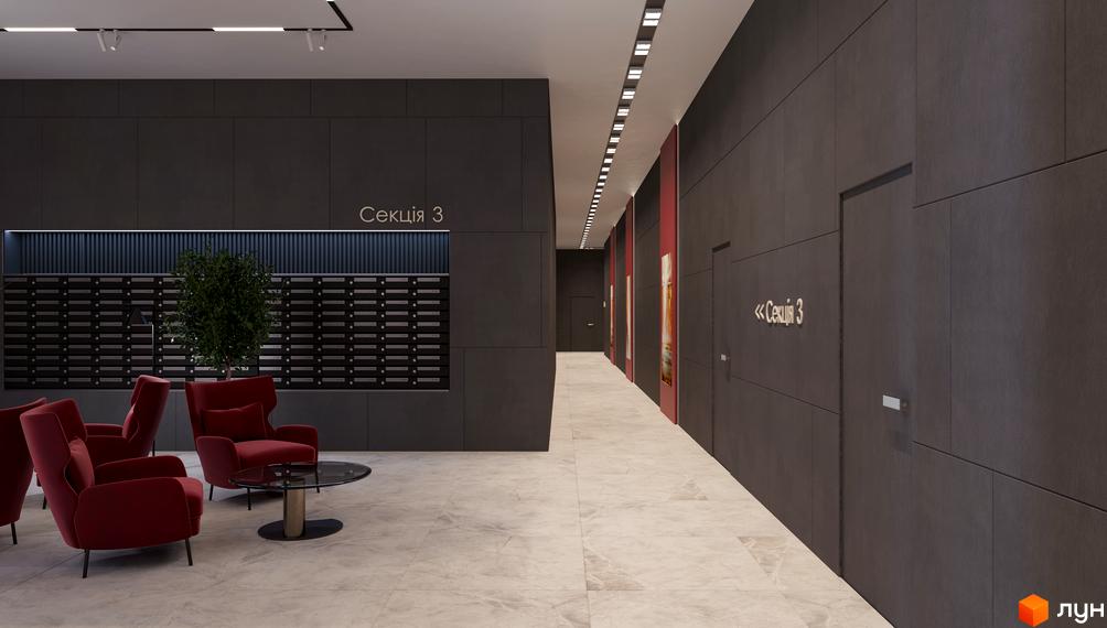 Інтер'єр холу житлового комплексу Maxima Residence з диванами та поштовими скриньками. Елегантний дизайн зони очікування з м'якими кріслами та журнальним столиком.