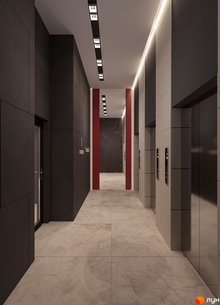 Сучасний дизайн холу ЖК Maxima Residence з елегантними ліфтовими дверима та мармуровою плиткою на підлозі. Проєкт новобудови з вишуканим інтер'єром.