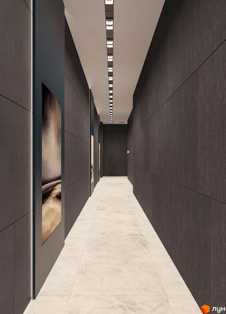 Інтер'єр коридору новобудови ЖК Maxima Residence з картинами на стінах та підлогою з плитки.