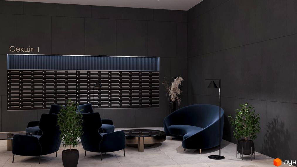 Секція 1 ЖК Maxima Residence. Сучасний дизайн лобі з поштовими скриньками та зоною відпочинку з диванами та кріслами.