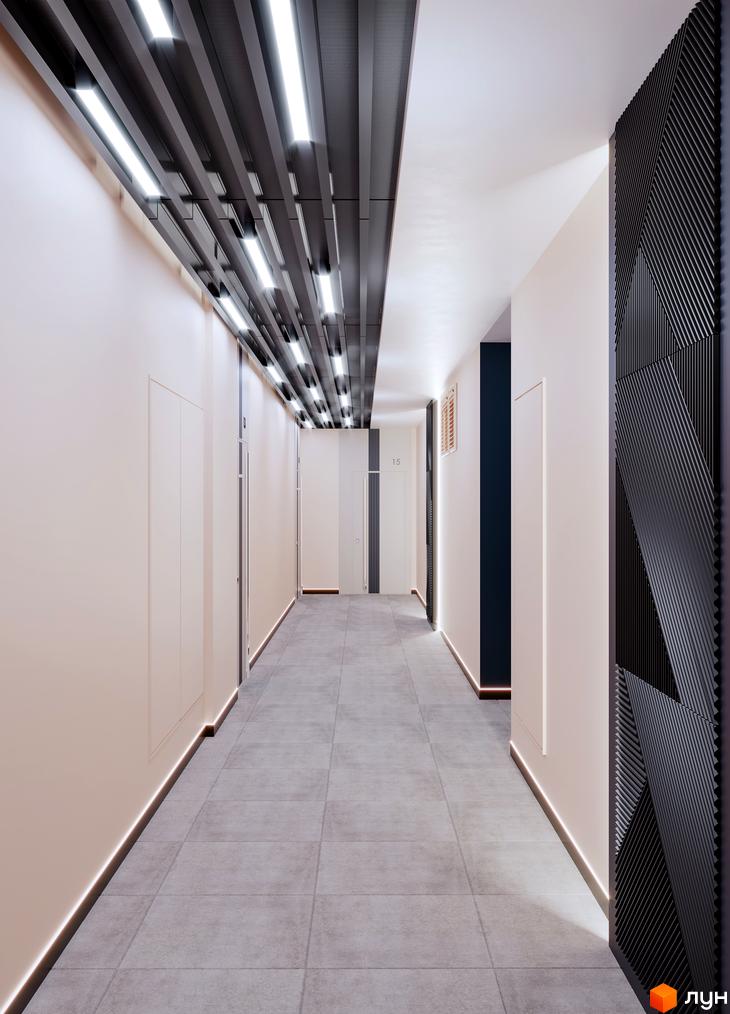 Сучасний коридор з підсвічуванням та дверима в ЖК Maxima Residence. Оздоблення стін та підлоги підкреслює мінімалістичний дизайн.