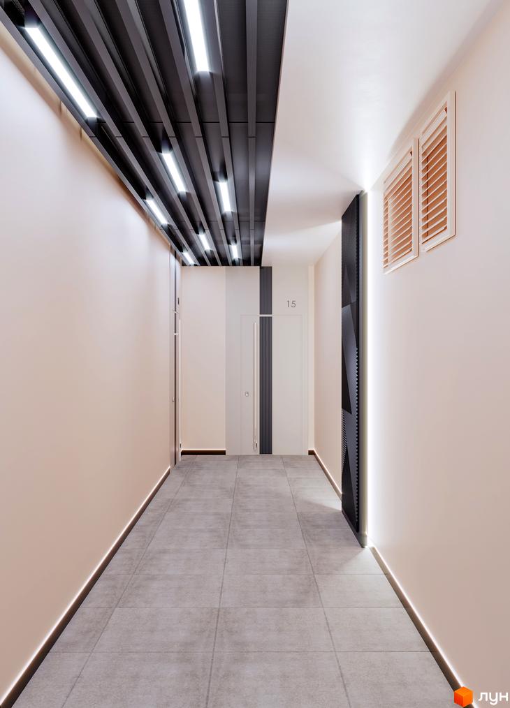 Сучасний коридор ЖК Maxima Residence з підсвічуванням та плиткою на підлозі. Дизайн інтер'єру новобудови.