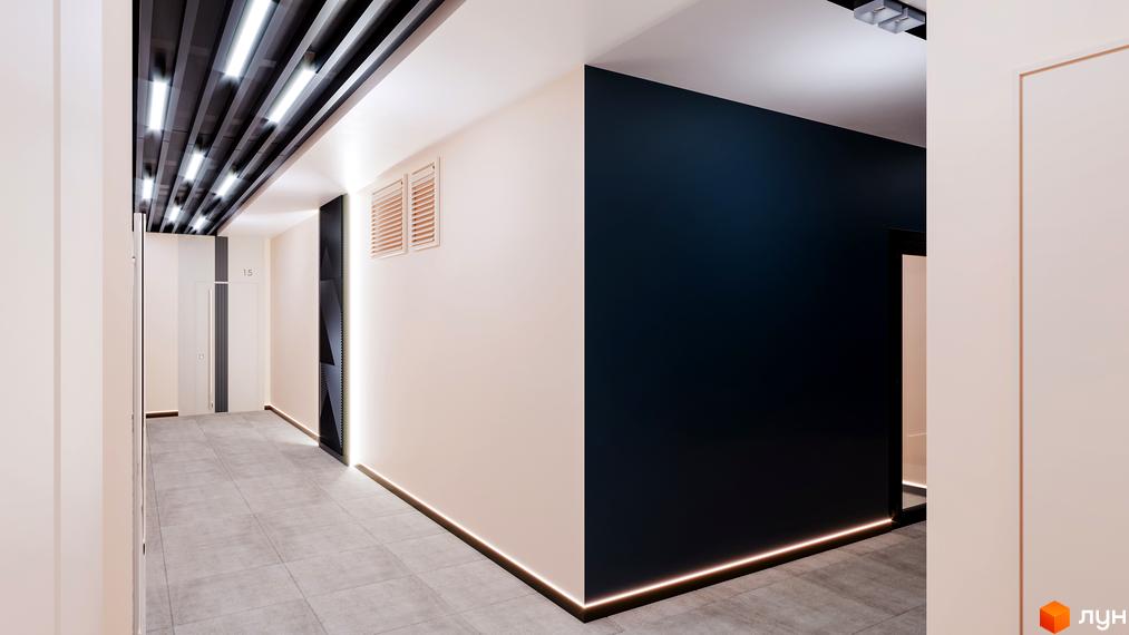 Сучасний коридор у ЖК Maxima Residence з підсвіченою стелею та стінами. Відмінний дизайн для комфортного проживання.