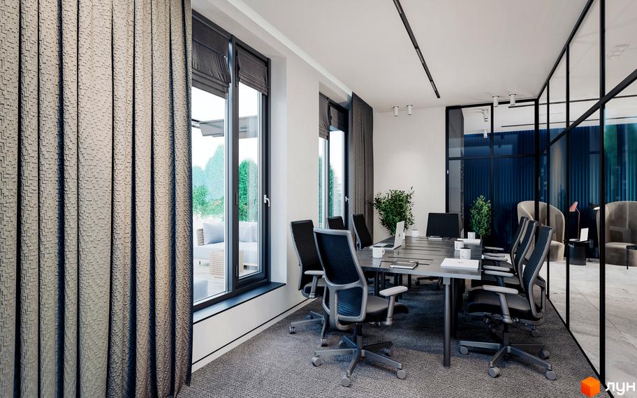 Сучасна конференц-зона в ЖК Maxima Residence з великими вікнами та зручними кріслами. Простір для ефективної роботи та переговорів.