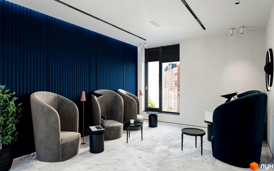 Інтер'єр зони очікування в ЖК Maxima Residence з зручними кріслами та журнальними столиками. Сучасний дизайн та функціональне планування.