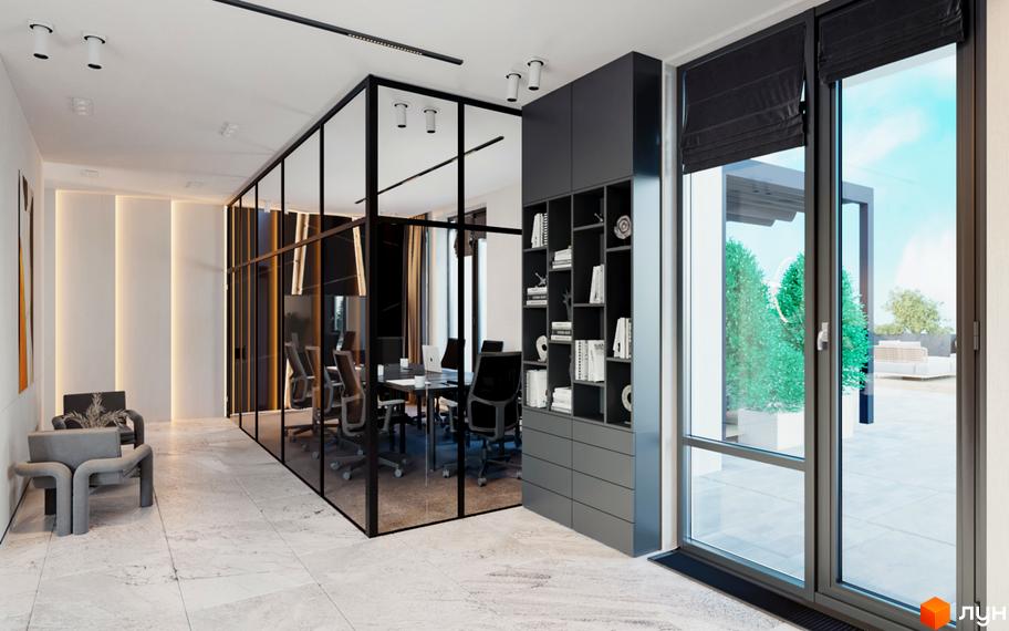 Інтер'єр офісу ЖК Maxima Residence з переговорною кімнатою та зоною відпочинку. Сучасний дизайн та функціональне планування.