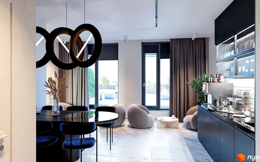 Інтер'єр кухні-вітальні в ЖК Maxima Residence з обідньою зоною та зоною відпочинку. Великі вікна виходять на терасу з меблями.