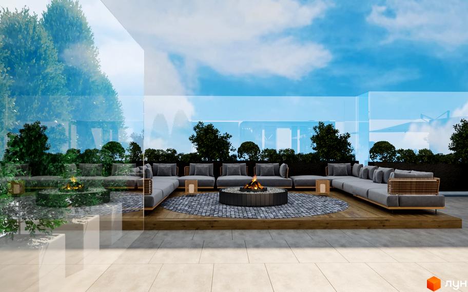 Тераса з сірим диваном та каміном на даху ЖК Maxima Residence. Затишна зона відпочинку з видом на хмари та зелені насадження.
