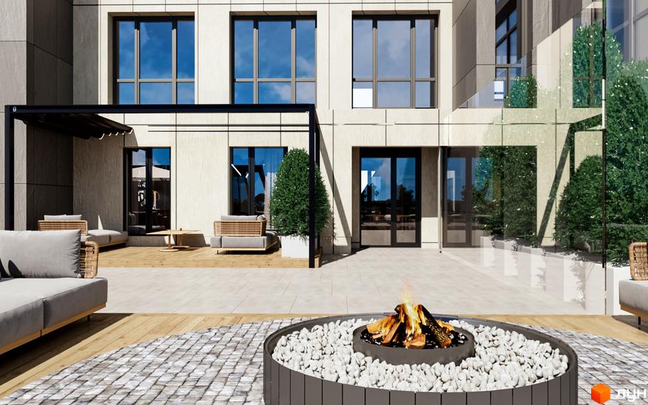 Зовнішній вигляд будинку ЖК Maxima Residence з терасою, каміном та зонами відпочинку. Сучасна архітектура та затишна прибудинкова територія.