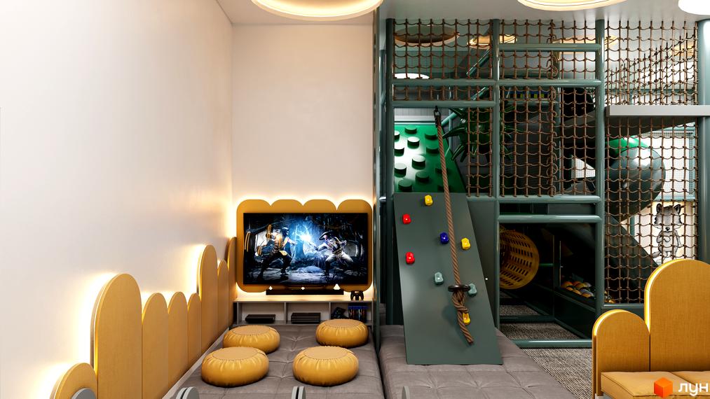 Дитяча кімната в ЖК Maxima Residence з ігровою зоною, телевізором та місцями для відпочинку. Опис інтер'єру для просування сайту новобудов.