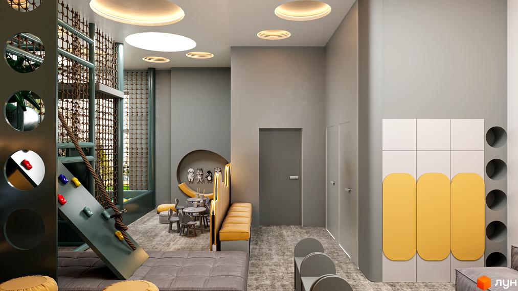 Дитяча ігрова зона в ЖК Maxima Residence з гіркою, канатами та м'якими меблями. Сучасний дизайн інтер'єру для дітей.