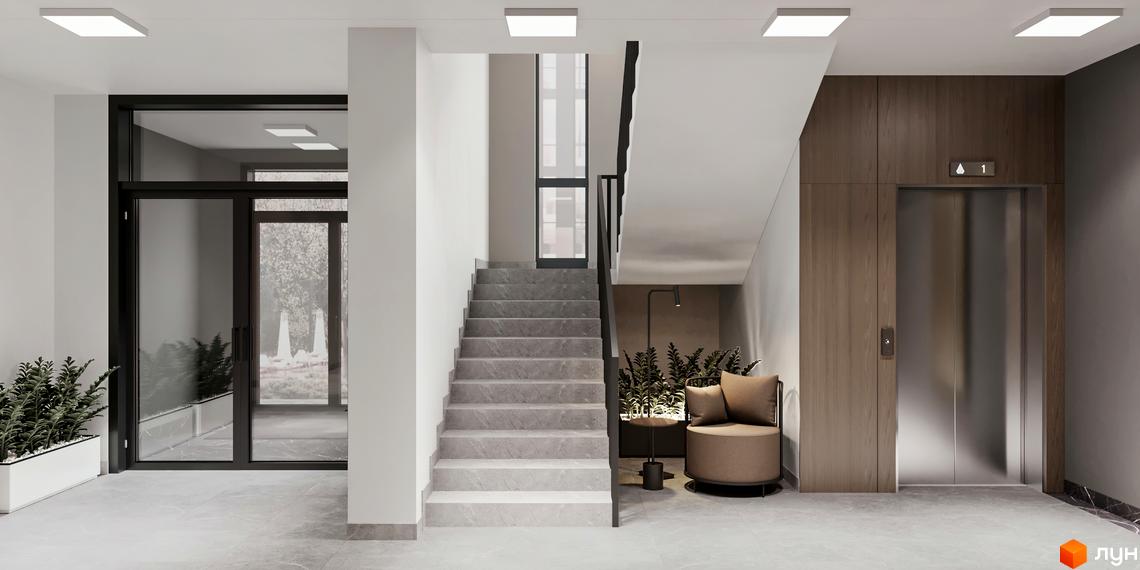 Вхідна група Житлового комплексу SILENT PARK з широкими сходами, ліфтом та зоною відпочинку. Панорамні двері ведуть до озелененої території.
