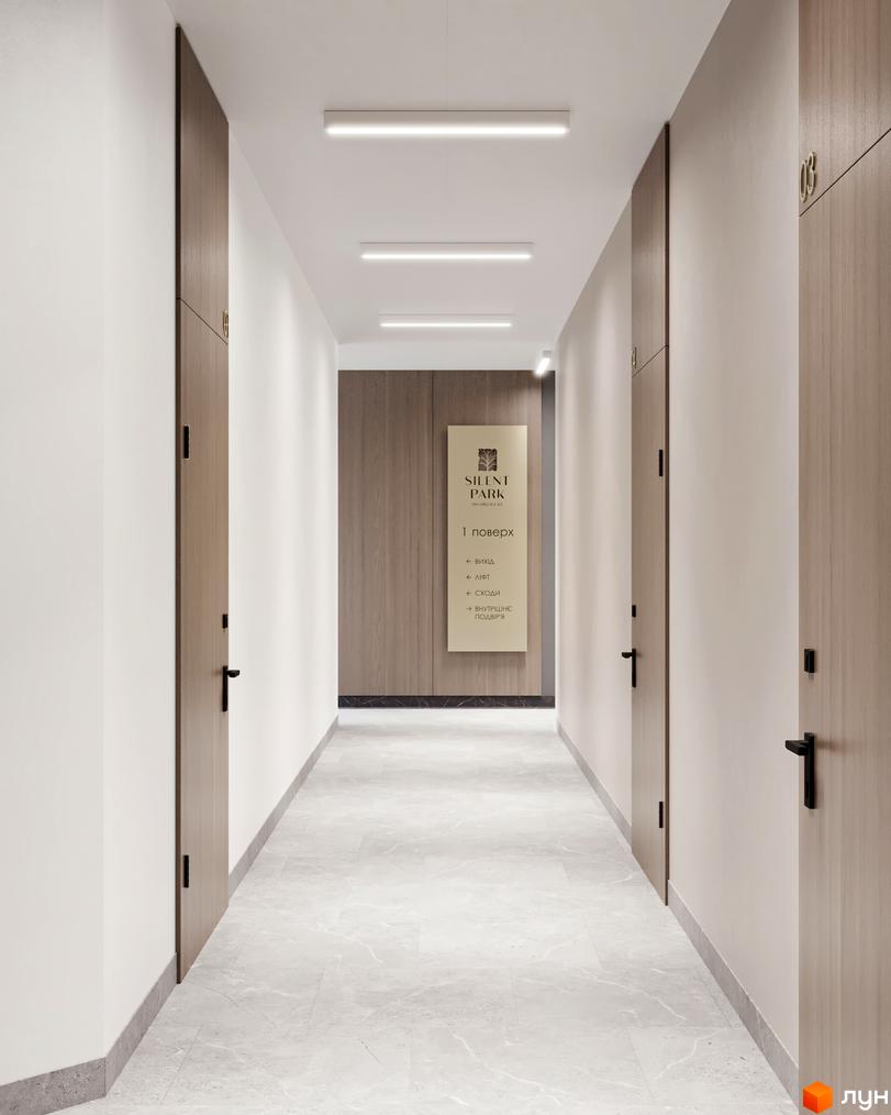 Коридор новобудови ЖК SILENT PARK з дверима та навігаційною табличкою. Зовнішній вигляд будинку та прибудинкової території.