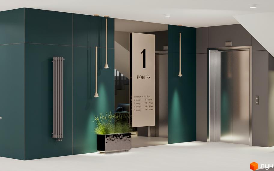 Дизайн холу житлового комплексу FEEL HOUSE з сучасним оздобленням, підсвічуванням та ліфтом. Стильний інтер'єр з акцентом на деталі.