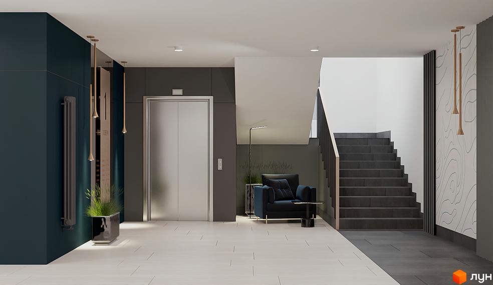 Сучасний дизайн холу житлового комплексу FEEL HOUSE з ліфтом, зручними кріслами та сходами. Оцініть комфорт та естетику нового житла.