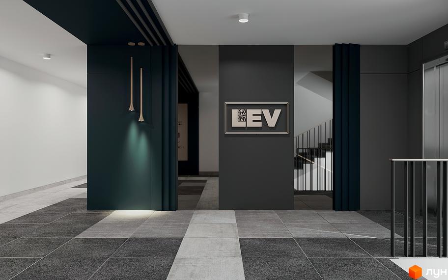 Сучасний дизайн вхідної групи житлового комплексу FEEL HOUSE з елегантними підвісними світильниками та логотипом компанії. Стильне оздоблення стін та підлоги створює затишну атмосферу.