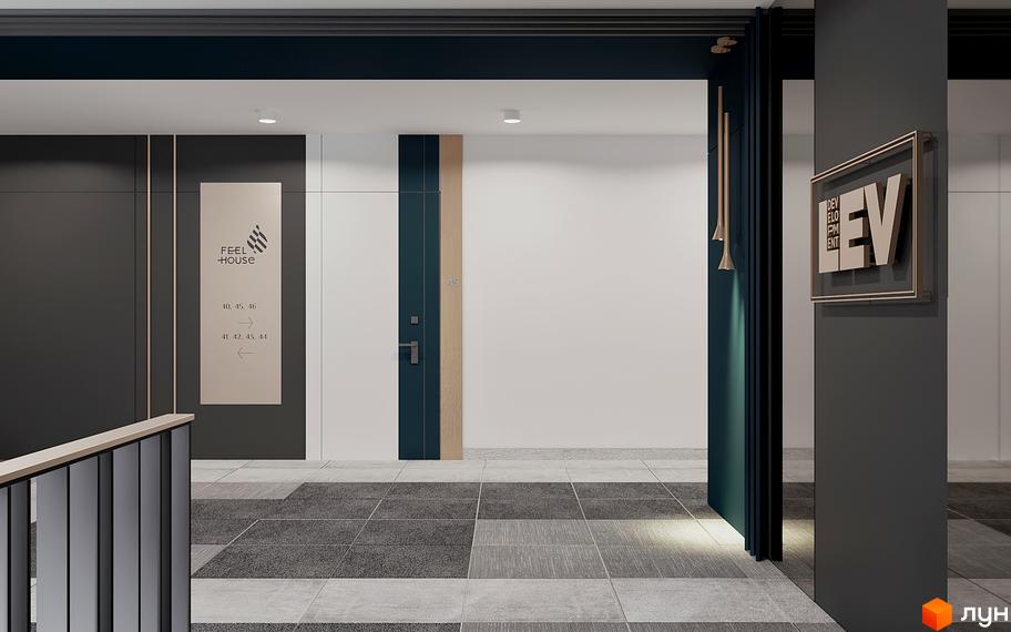 Сучасний дизайн холу житлового комплексу FEEL HOUSE з навігацією по поверхах та логотипом забудовника. Опис новобудови для SEO.