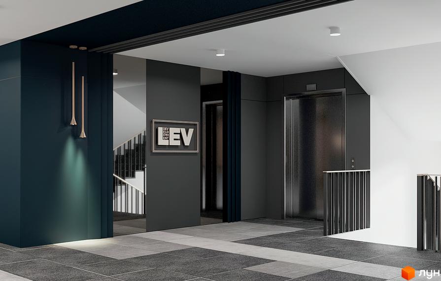 Житловий комплекс FEEL HOUSE: сучасний дизайн вхідної групи з елегантними світильниками та ліфтом. Просторий хол з картиною та сходами.