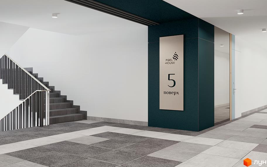 Новобудова FEEL HOUSE з сучасними сходами та вказівником поверху. Елегантний дизайн інтер'єру з контрастними кольорами та підлогою з плитки.