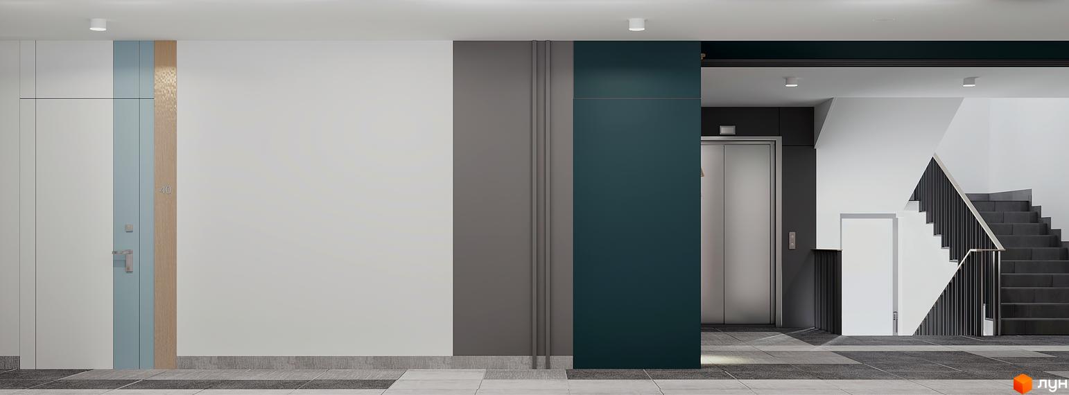 Сучасний вхід у житловий комплекс FEEL HOUSE з дверима, ліфтом та сходами. Естетичний дизайн фасаду з комбінацією матеріалів.