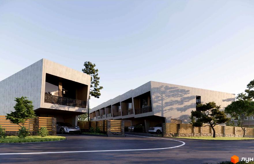 Котеджне містечко Співоче озеро: візуалізація котеджів з чіткими архітектурними формами та великими вікнами, прибудинкова територія з деревами.