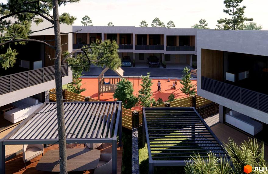 Котеджне містечко Співоче озеро: багаторівневі будинки з сірими фасадами та дерев'яними вставками. На території є дитячий майданчик та приватні дворики з перголами.