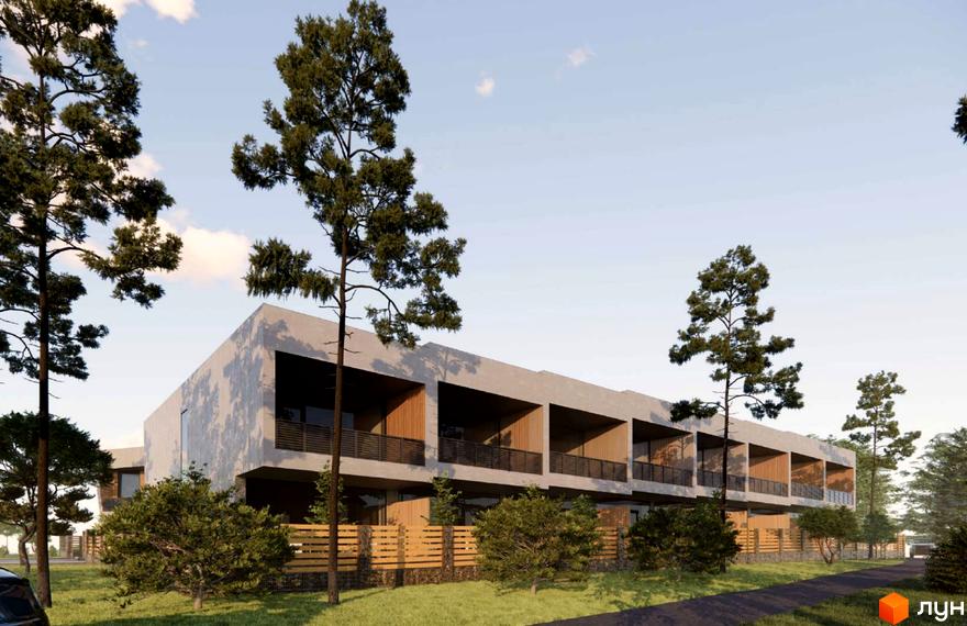 Ряд будинків Котеджного містечка Співоче озеро зі світлими фасадами та дерев'яними елементами на балконах. Територія озеленена з високими соснами та дерев'яним парканом.