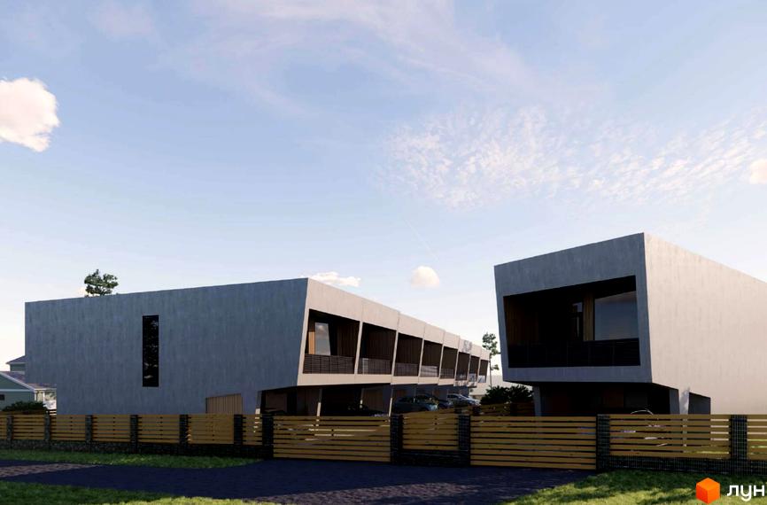 Котеджне містечко Співоче озеро: фасади будинків сірого кольору з великими вікнами та балконами. Перед будинками розташований дерев'яний паркан та дорога.