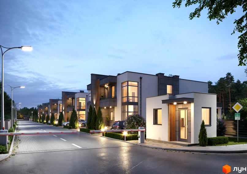 Котеджне містечко Dream House з багаторівневими будинками та великими вікнами. Вулиця освітлена ліхтарями, є шлагбаум та зелені насадження.