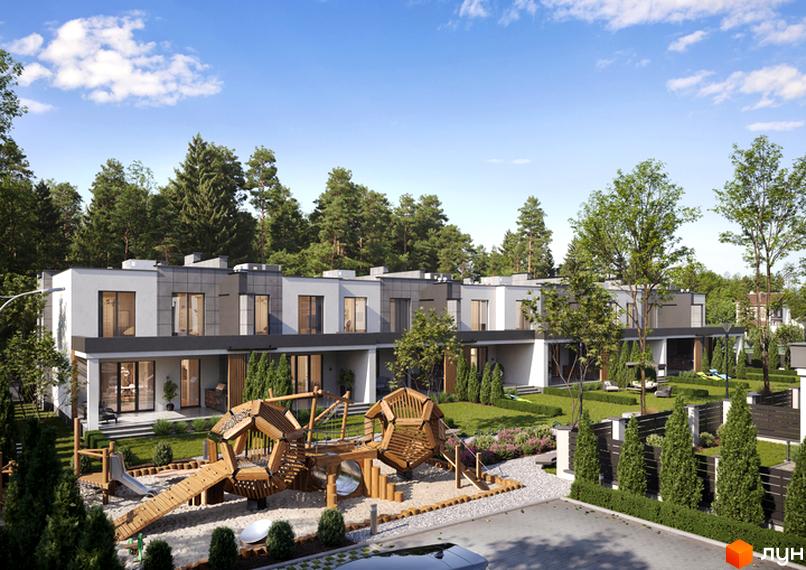 Котеджне містечко Dream House: ряд двоповерхових котеджів з світло-сірими фасадами. На території розташовані дитячий майданчик та зелені газони.