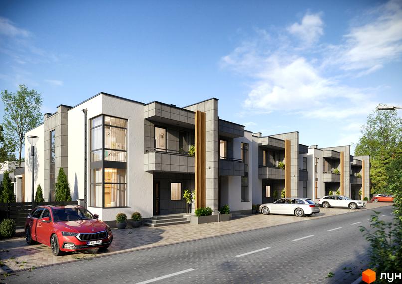 Ряд котеджів Котеджного містечка Dream House з білими та темно-сірими фасадами, великими вікнами. Перед будинками бруківка для паркування та дорога.