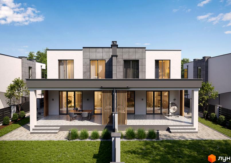 Фасад двоповерхового будинку КМ Dream House з білими та сірими елементами, великими вікнами та критою терасою, оточений зеленим газоном.