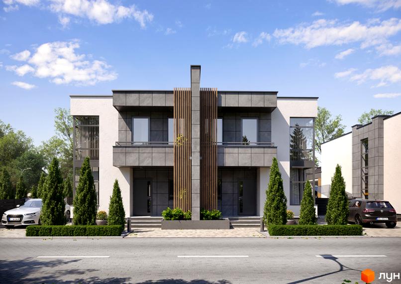 Фасад двоповерхового будинку Котеджного містечка Dream House з великими вікнами та дерев'яними ламелями. Прибудинкова територія з зеленими насадженнями та бруківкою.