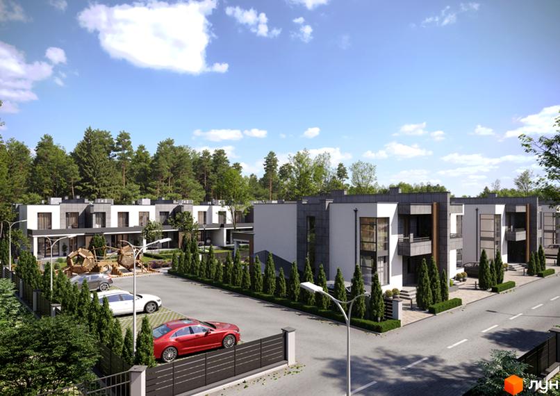 Зображення Котеджного містечка Dream House: будинки з сірими дахами, зелені насадження, парковка з автомобілями. Вид на житловий комплекс з вулиці.