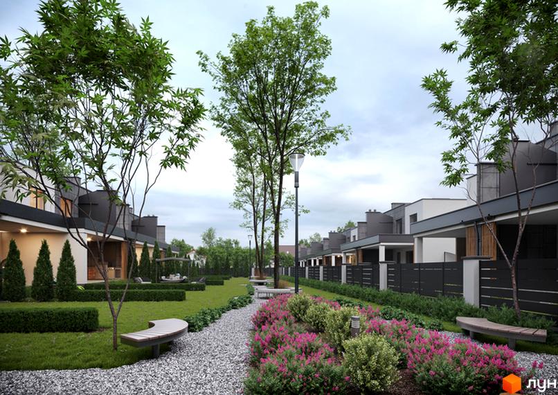 Вигляд на Котеджне містечко Dream House з ландшафтним дизайном. На передньому плані доріжка з лавками та квітучими кущами.