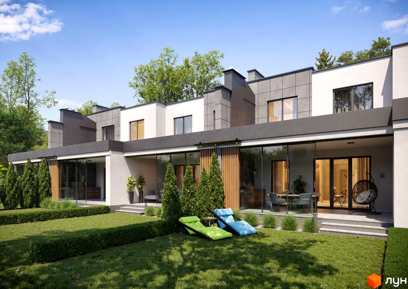 Котеджне містечко Dream House: ряд будинків з білими та сірими фасадами, великими вікнами та зеленим газоном з декоративними деревами.