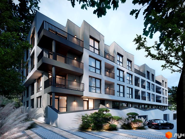 Клубний будинок Forest Etalon Club з багаторівневим сіро-білим фасадом, темними балконами та доріжками з бруківки.