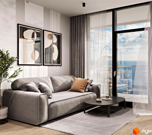 Інтер'єр вітальні в Апарт-комплекс Breeze Marine з панорамним видом на море та балконом.