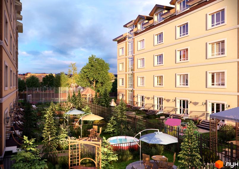 Житловий комплекс Country House з фасадом світлого кольору та прибудинковою територією з зеленими насадженнями і зонами відпочинку.