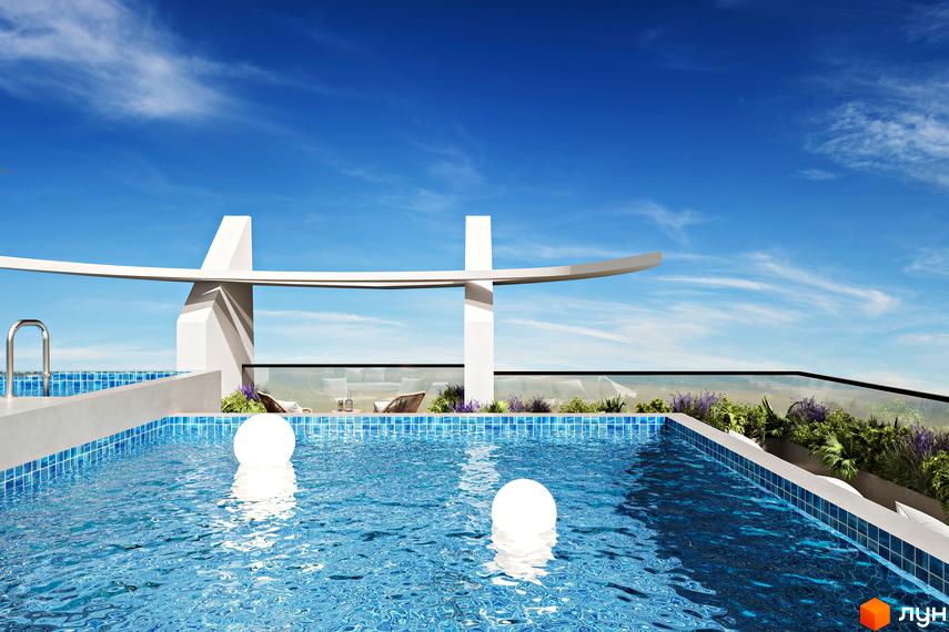 Басейн на даху з блакитною плиткою, плаваючі світильники, зона відпочинку з рослинами та скляною огорожею в Апарт-комплекс Breeze Marine.