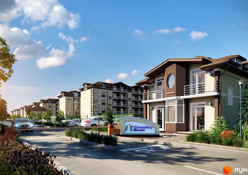 Зовнішній вигляд житлового комплексу Country House з прибудинковою територією та парковкою. На фоні видніються багатоквартирні будинки.