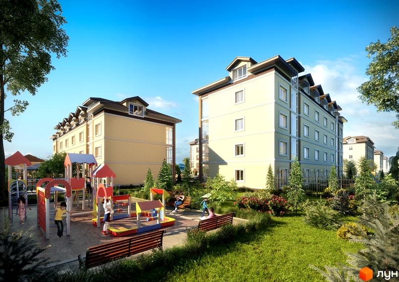 Житловий комплекс Country House з дитячим майданчиком та зеленими насадженнями. Будинки мають світло-жовтий фасад та багато вікон.
