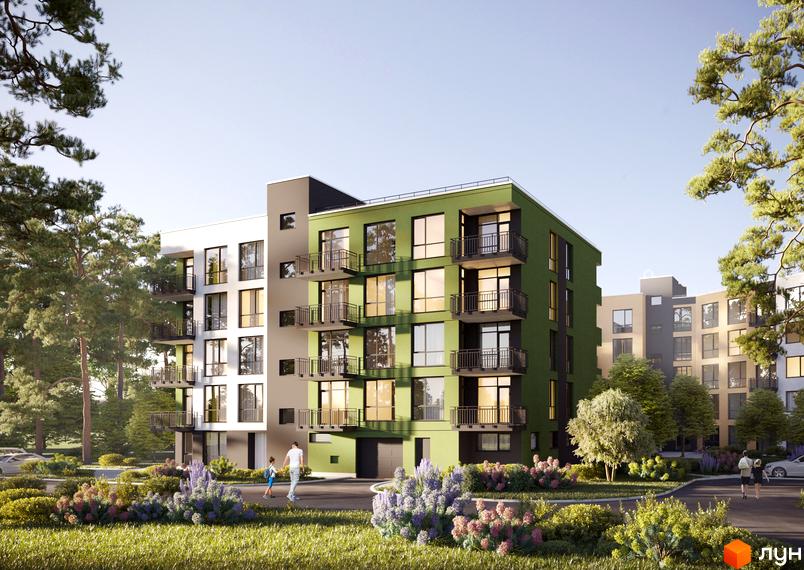 Зображення сторінки ЖК Грінвуд-4: п'ятиповерховий будинок з зеленим фасадом, балконами та панорамними вікнами. На прибудинковій території газон, квіти та дерева.