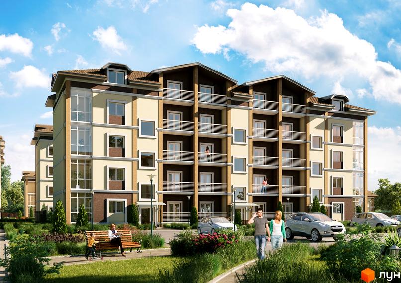 Зовнішній вигляд житлового комплексу Country House з балконами та великими вікнами. На прибудинковій території є зелені насадження, лавка та люди.